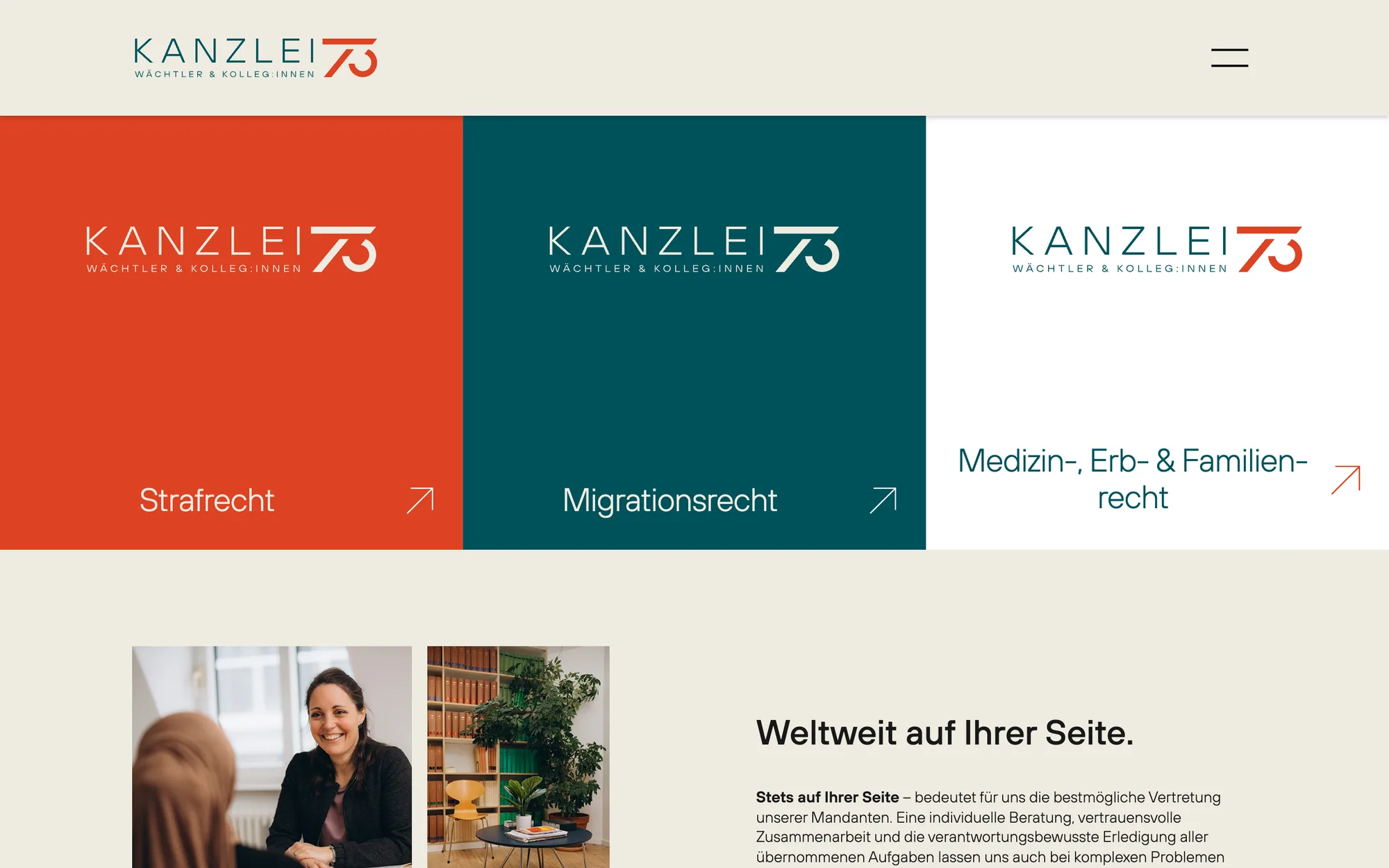 Die neue Startseite von Kanzlei 73 mit den drei Rechtsgebieten in ihren Farben